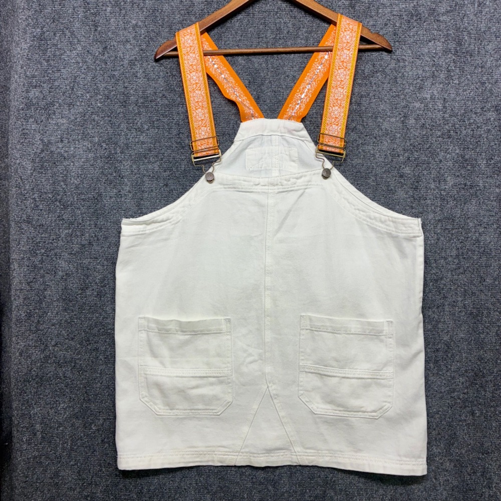 West Fade Ivory Denim Bib Apron Overalls Medium Orange Tapestry‎ Trim